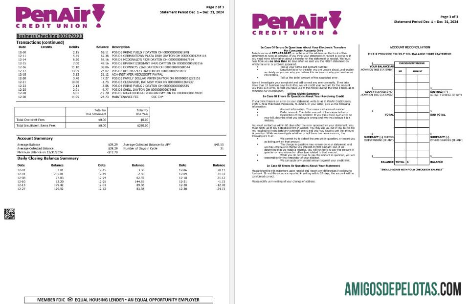 USA Florida PenAir Credit Union Bank Statement, 3 Pages 2 amostra